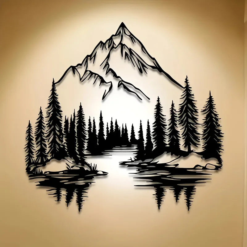 tableau mural noir paysage montagneux arbres lac montagne enneigée graphique minimalisteintérieur décoration salon