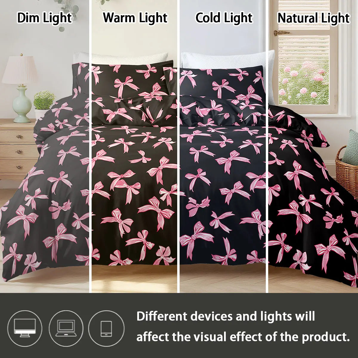 housse couette motif noeuds rose fond noir ensemble literie moderne deux taies oreillers polyester