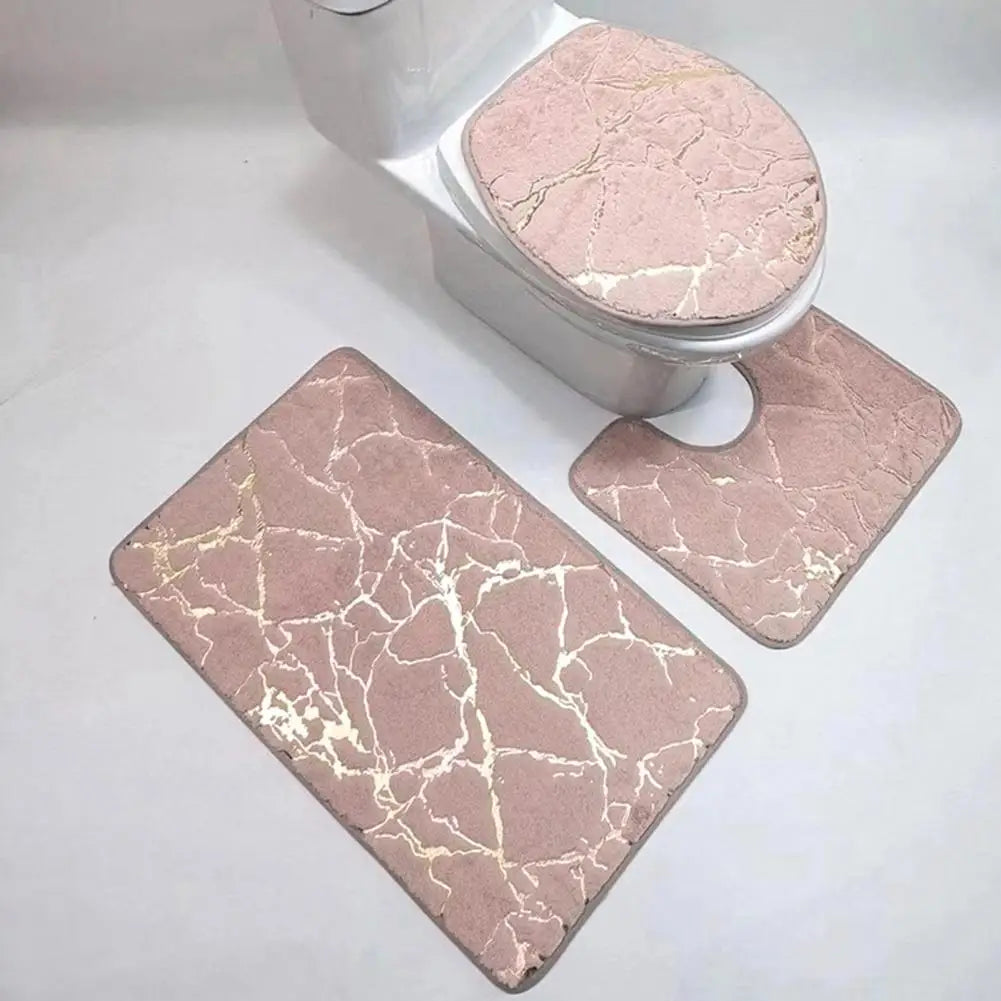 tapis toilette marbre veines dorées moderne ensemble tapis sol bain couvercle toilette beige rose