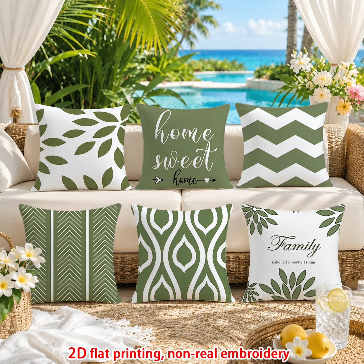 lot housses coussin vert clair motifs géométriques modernes salon maison