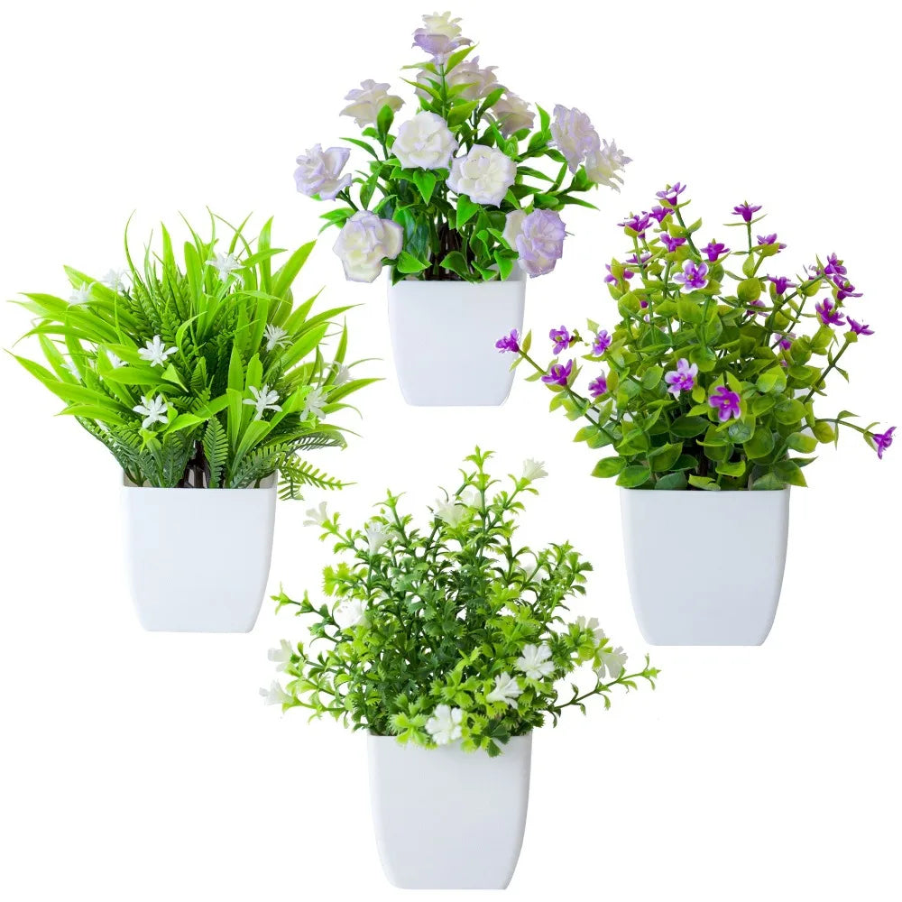 plantes artificielles branche verte feuilles blanches violette moderne extérieur accroché pot carré blancDecorationTable