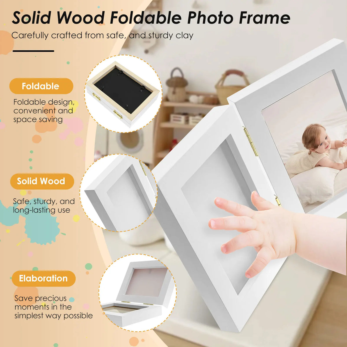 Cadre photo pliable bois blanc empreintes mains bébés souvenir classique kit encre instructions