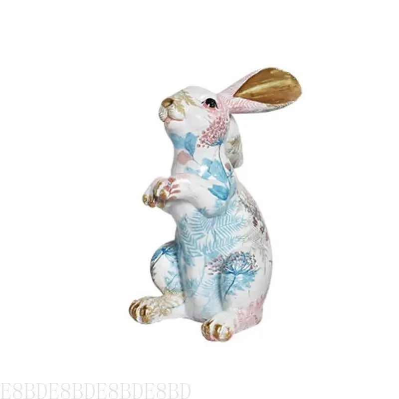 statuette lapin décorative résine peinte motifs floraux dorures modernes blanc rose bleu vert jaune