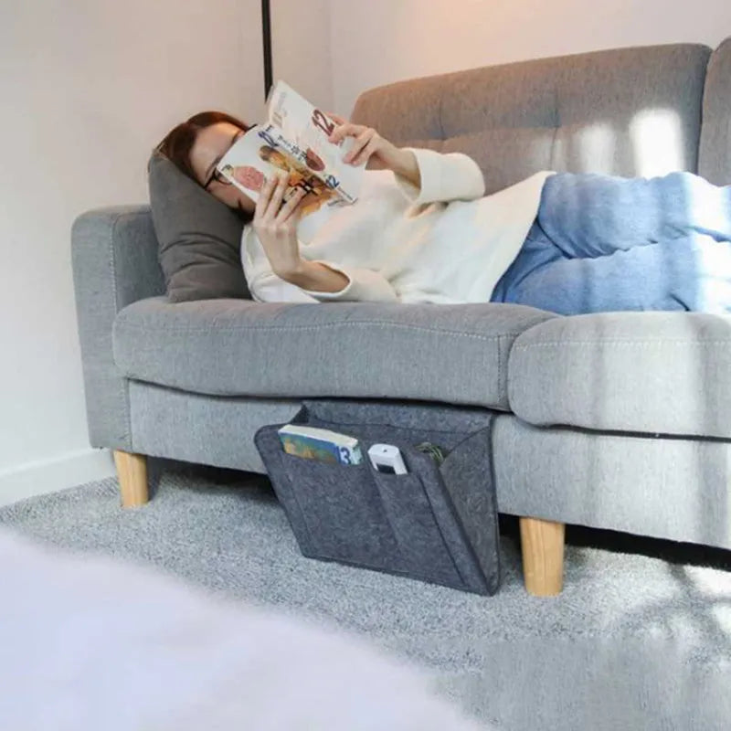 organisateur suspendu feutre gris literie rangement moderne portable livres magazines téléphone écouteurs lunettes