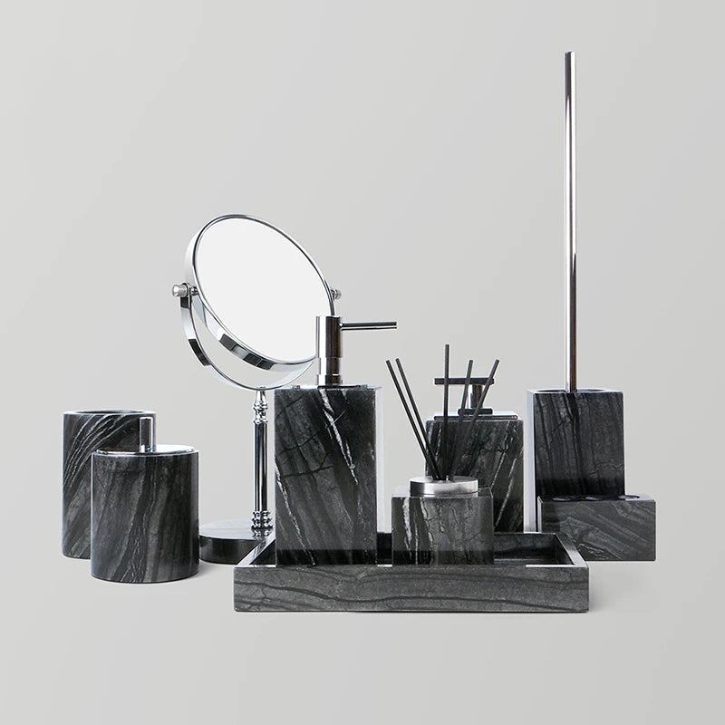 ensemble accessoires salle bain marbre noir rangement brosse dents dentifrice moderne luxe