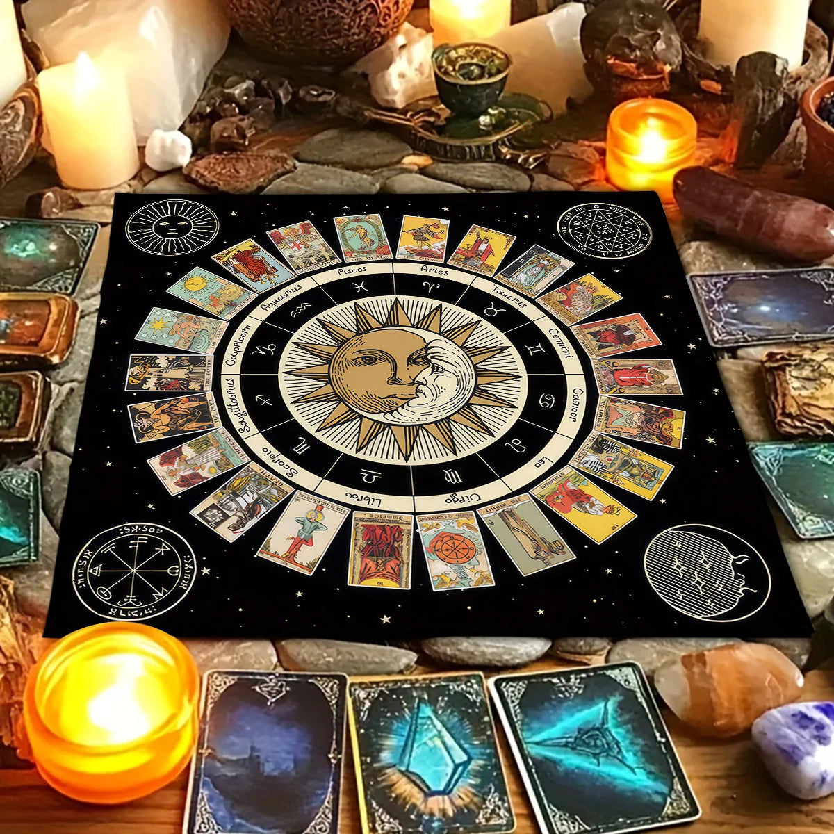 tableau astrologique zodiacal tarot solaire lunaire mystique noir doré bleumarine symbols religieux holidays