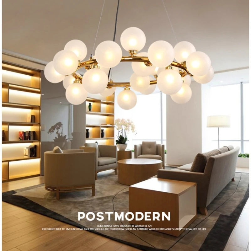 suspension moderne boules translucides blanc doré noir led restaurant salon bar