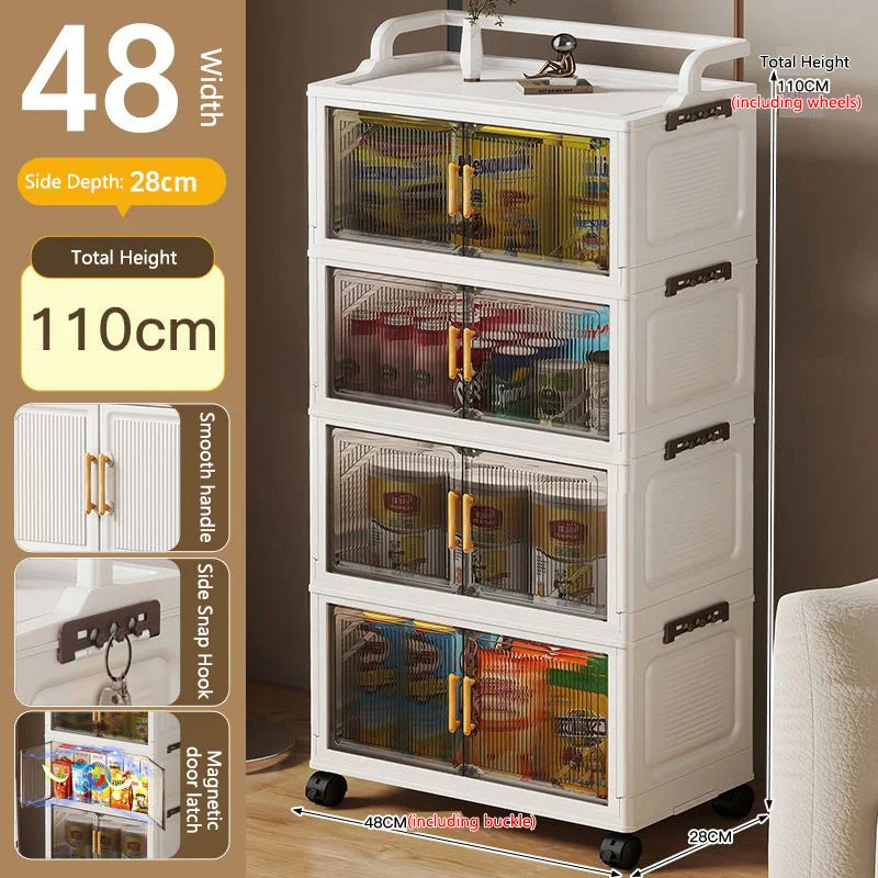 meuble rangement pliable blanc roulettes portes poignées dorées vêtements