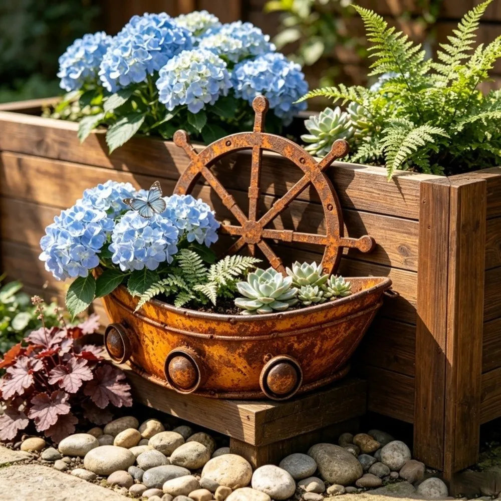 cache pot forme bateau marron rustique texture métal vieilli vintage succulentes gravierintérieur