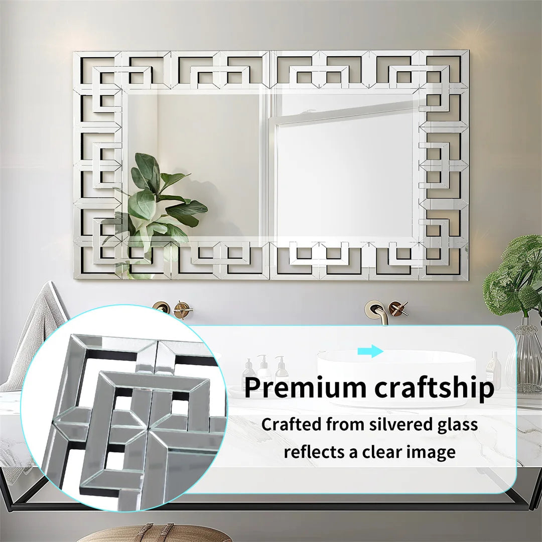 Miroir rectangulaire au design géométrique sophistiqué, encadré de verre argenté, reflétant une image claire dans une salle de bain élégante.