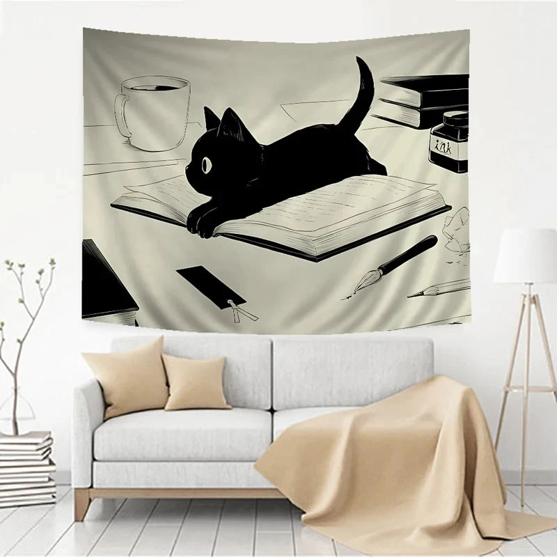 tapisserie murale moderne chat noir fond beige salon chambre décoration artistique livrable machine