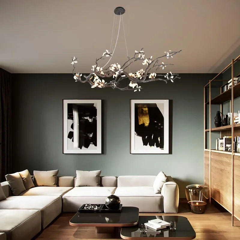 suspension luminaire branches cuivre fleurs artificielles moderne noir blanc salon salle manger intérieur