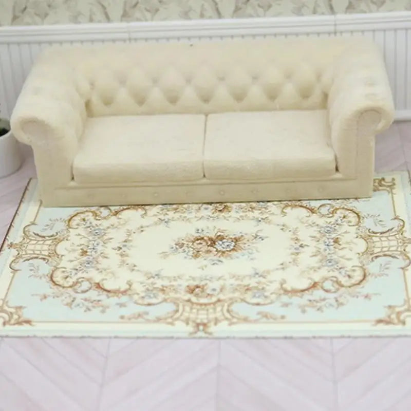 tapis miniature vintage floral rouge beige doré ornements adhésif décoration jouet poupée mobilier ancien