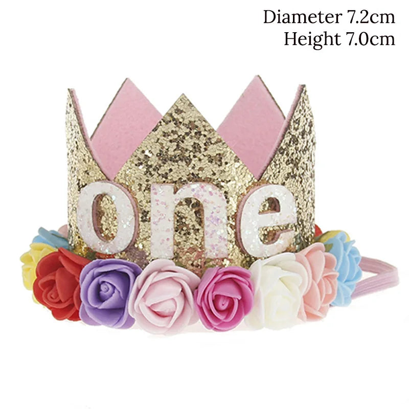 couronne enfant anniversaire ans paillettes or rose blanche fleurs artificielles bandeau élastique princesse festif