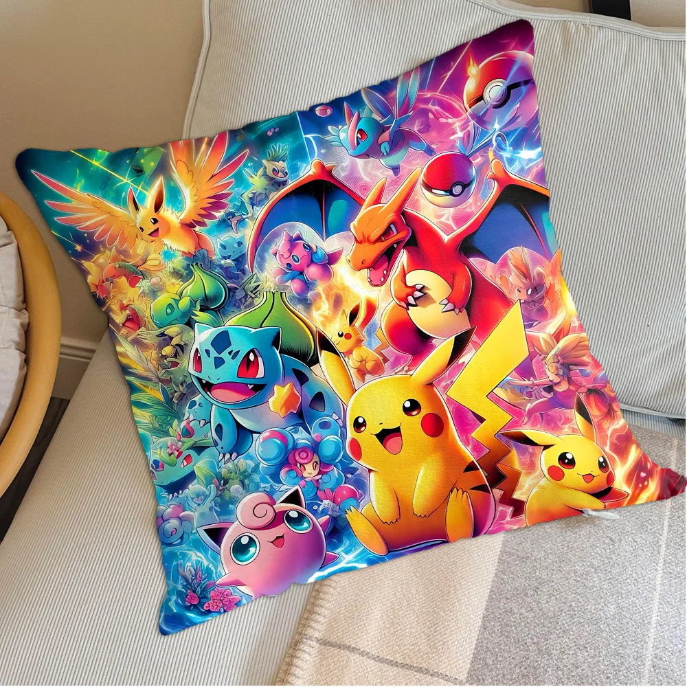 housse coussin carrée jaune motif pokemon pikachu décorative salon chambre lit enfant coton
