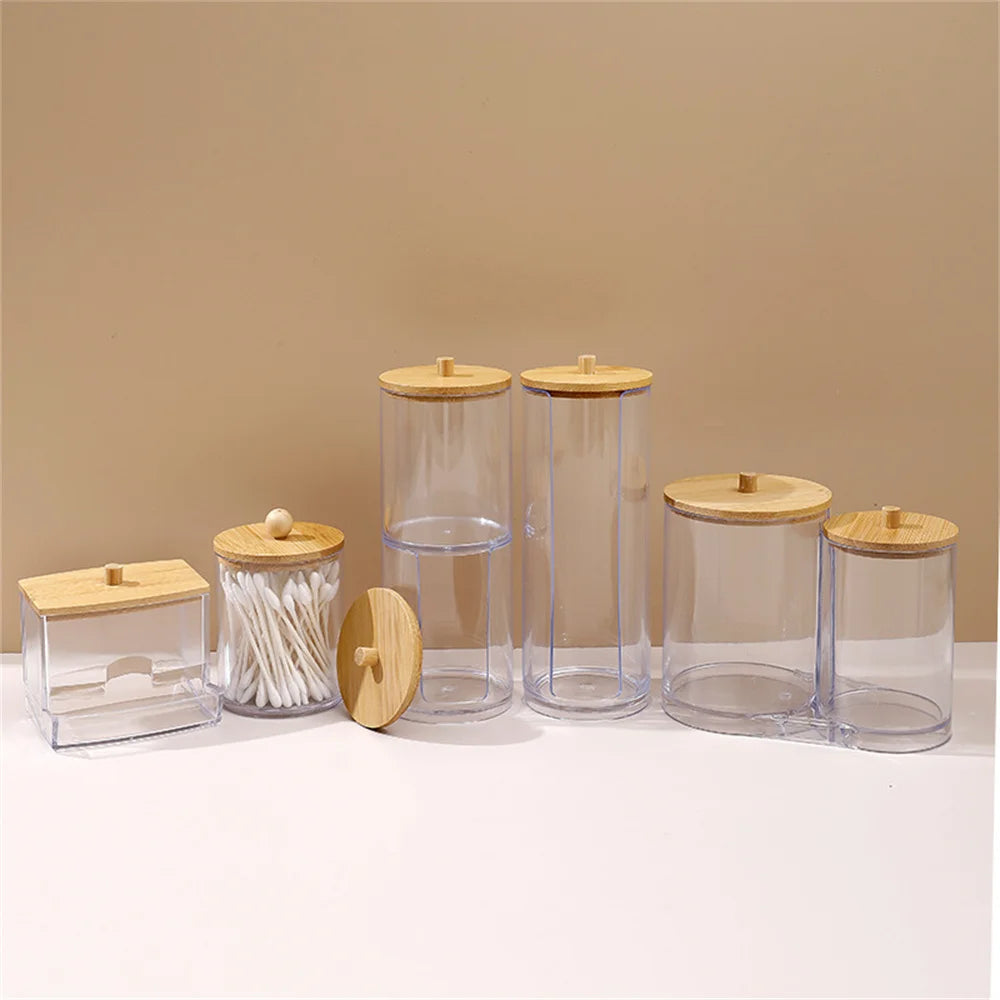 boîtes rangement transparentes couvercle bambou coton tige cosmétiques bijoux organisation moderne minimaliste