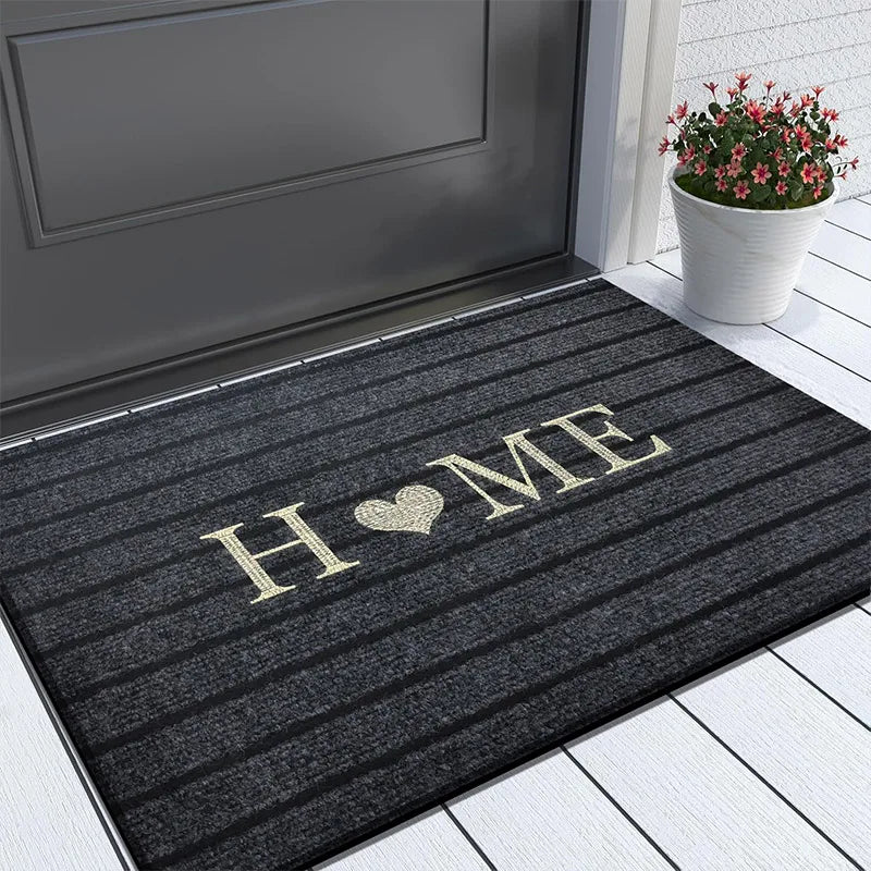 tapis d'entrée noir rayures horizontales broderie dorée moderne antidérapant