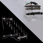 présentoir couteaux pliants transparent clips poignées noires lames arc ciel moderne utilitaire