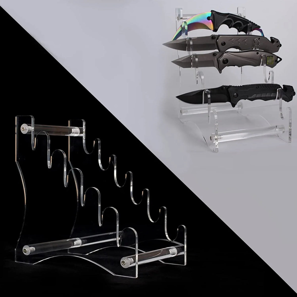 présentoir couteaux pliants transparent clips poignées noires lames arc ciel moderne utilitaire