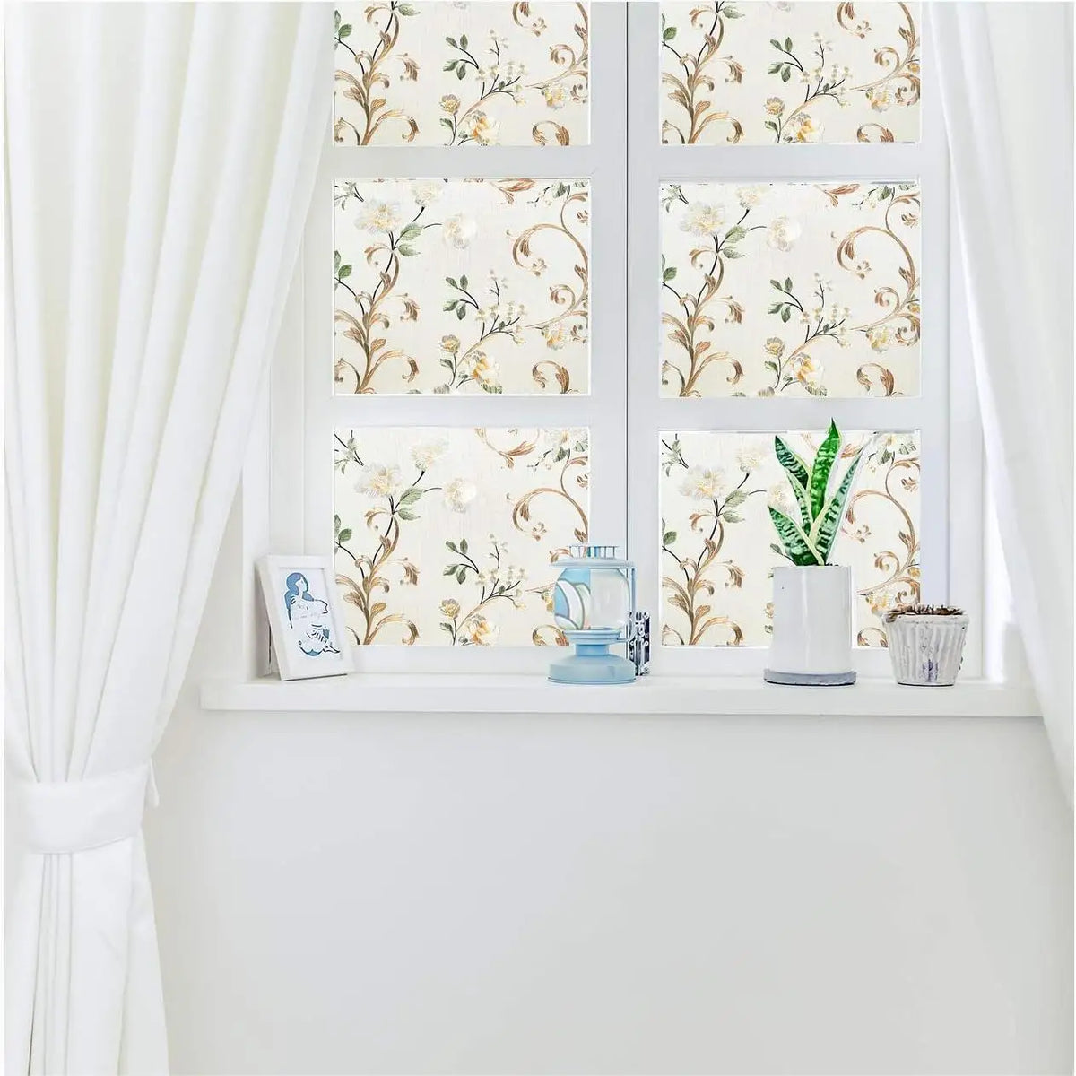 film décoratif floral opaque fenêtres beige doré vert motifs nature adhésif isolation uv protection