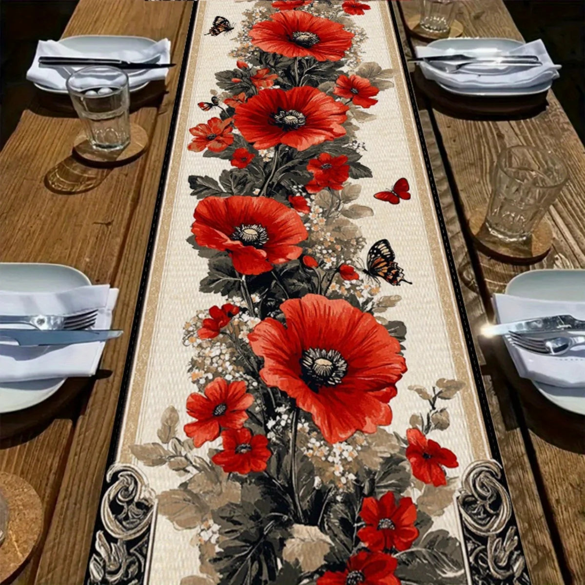 tableau décoratif floral motif papillons fleurs pavots couleurs vives polyester rouge vert cuisine restaurant