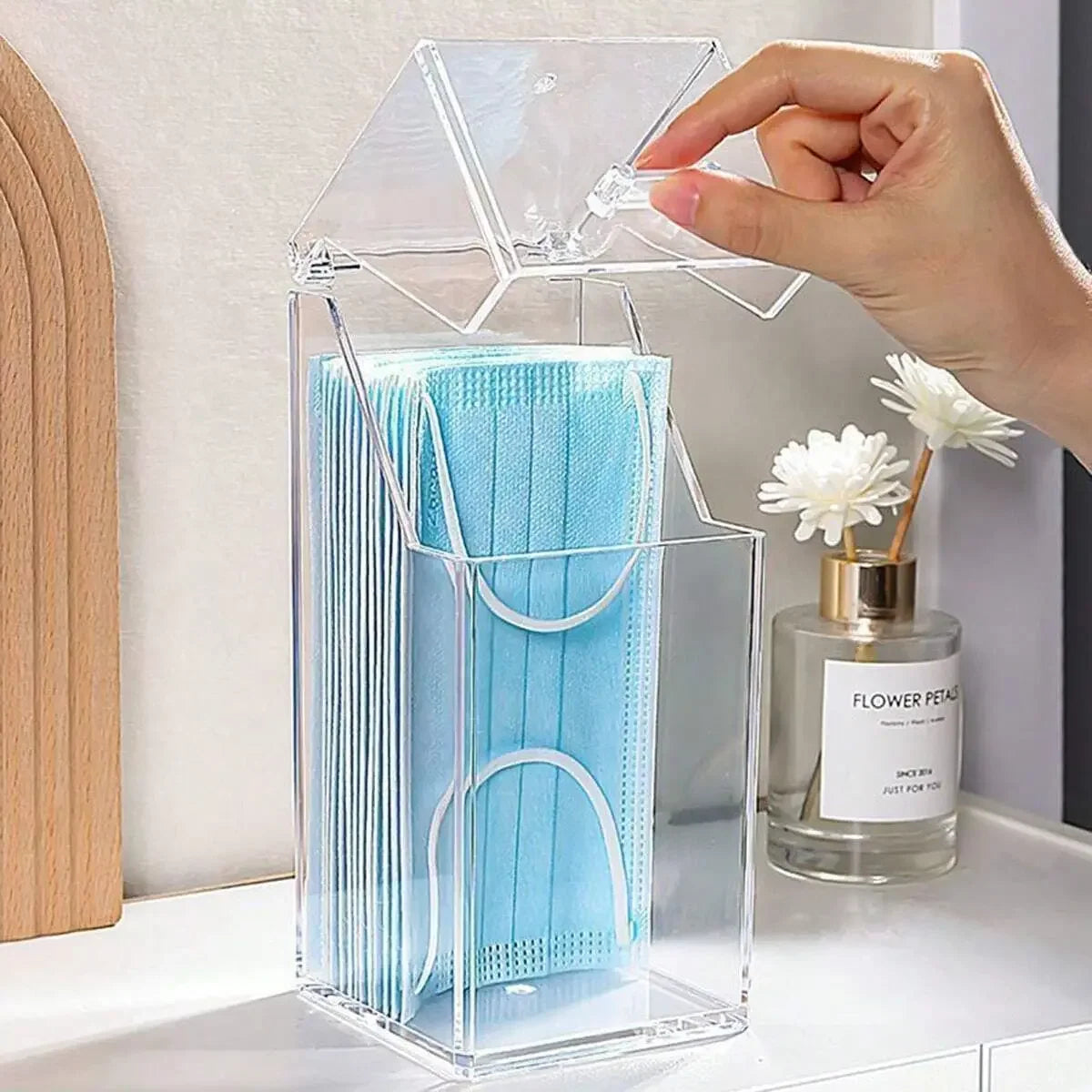 boîte rangement masques jetables transparente bleu clair moderne pratique poignées blanches 50pcs 40pcs