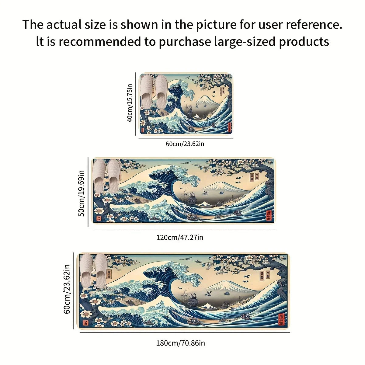 tapis bleu beige illustration vague art japonais traditionnel anti dérapant intérieurextérieur