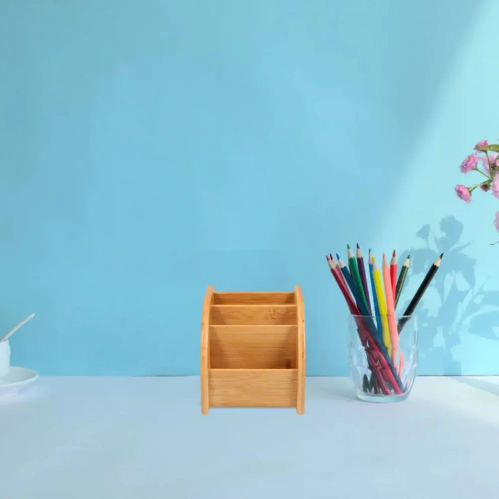 organisateur multifonction moderne bois marron compartiments rangement stylos crayons ciseaux calculatrice bloc notes minimalistestyle