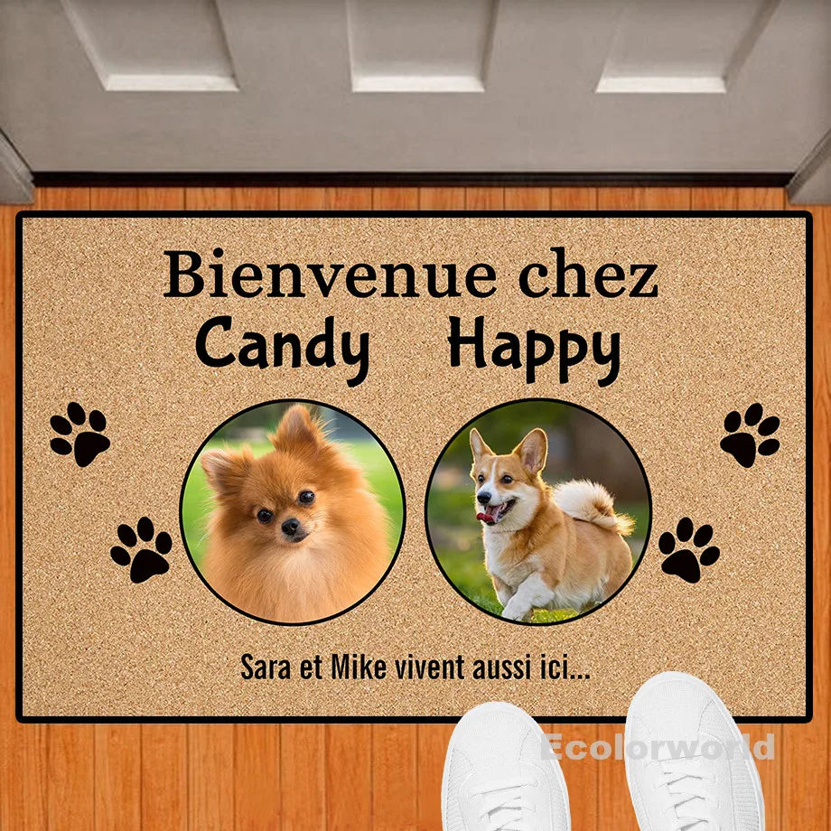 tapis d'entrée personnalisable marron clair imprimé pattes chien bordure noire moderne antidérapant 50x80cm