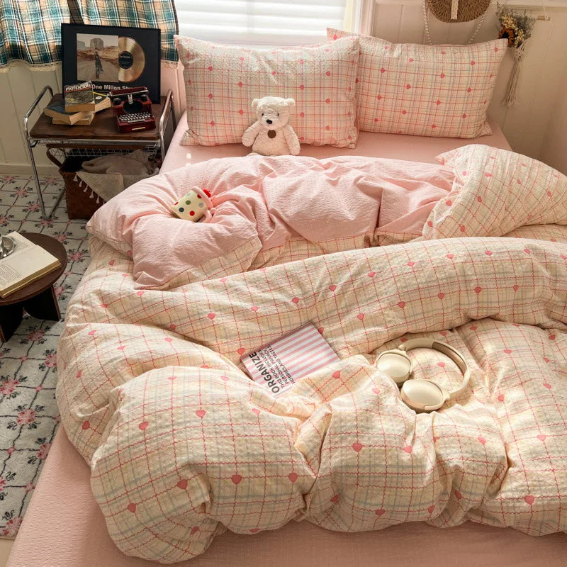 ensemble literie fleuri rose bleu marron clair coeurs taies d'oreiller housses couette doux moderne