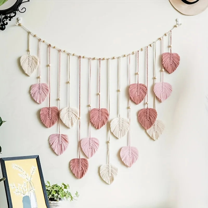 guirlande murale boho chic feuilles rose clair tissées artificielles crochets salon chambre