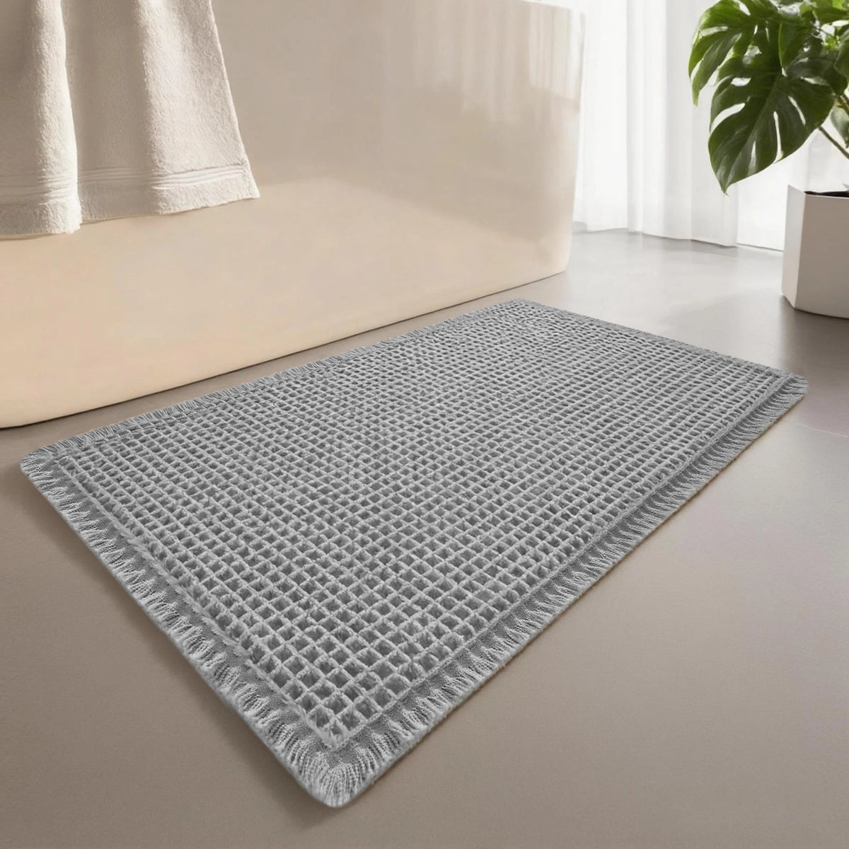 tapis bain gris clair moderne antidérapant absorbant bordure frisée géométrique PVC respectueux environnement 43cmx61cm