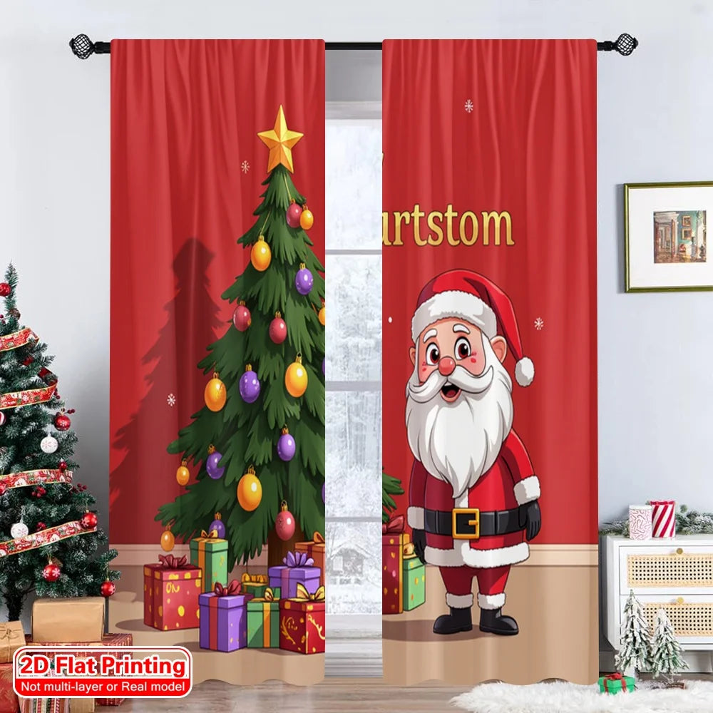 rideau noël classique père noël arbre décor rouge vert or flocons opaques polyester