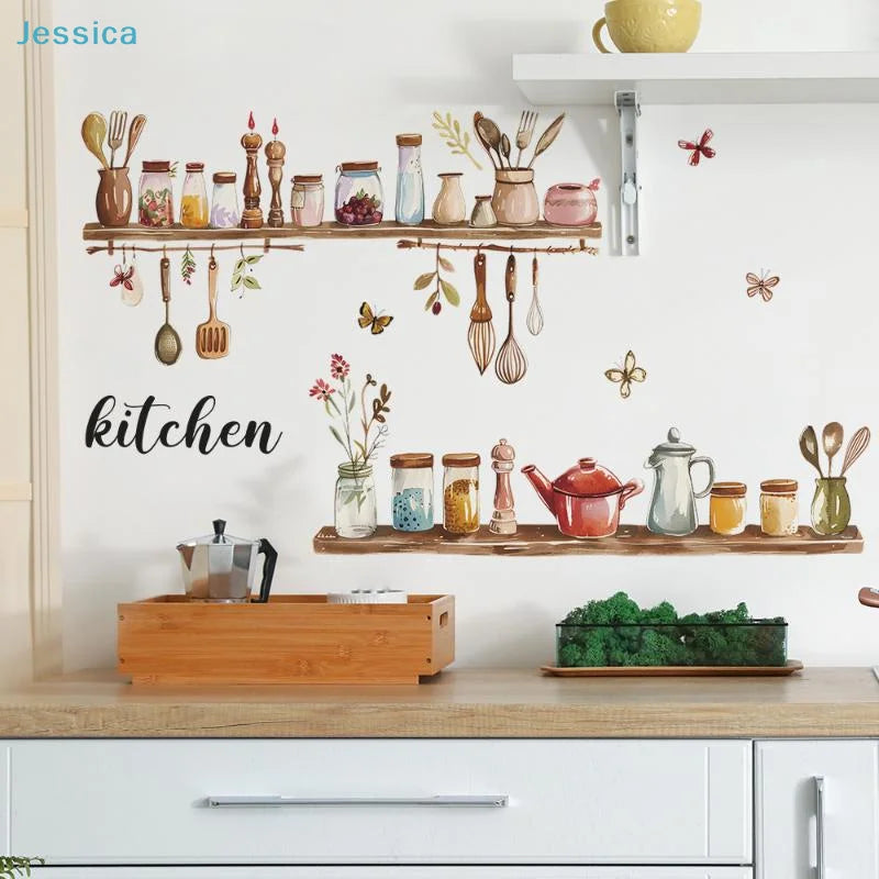 sticker mural multicolore cuisine ustensiles fleurs papillons adhésif illustration intérieur 60x40cm