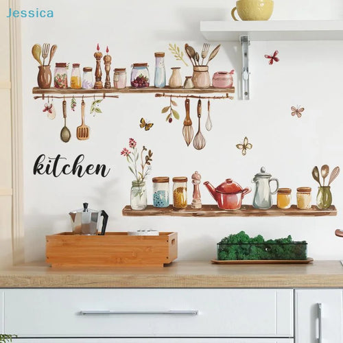 sticker mural multicolore cuisine ustensiles fleurs papillons adhésif illustration intérieur 60x40cm