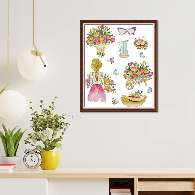 kit broderie fleurs papillons multicolore toile coton aiguilles fils instructions enfants decoration