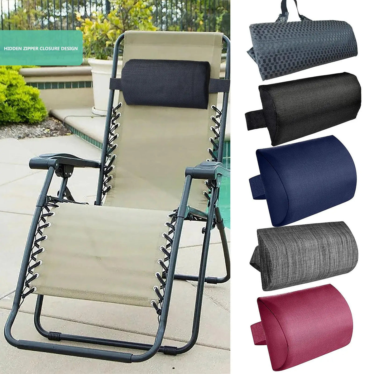 chaise longue coussin tête ceinture élastique poignées tissu mailles moderne confortable beige noir bleu