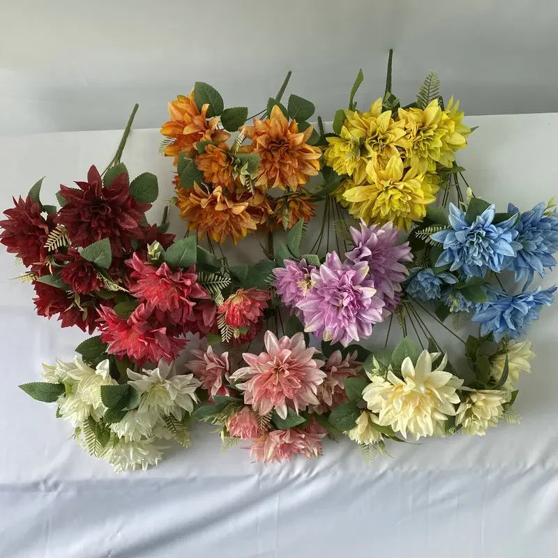 bouquet fleurs artificielles soie dahlias modernes élégantes intérieur mariage décoration rouge blanc bleu