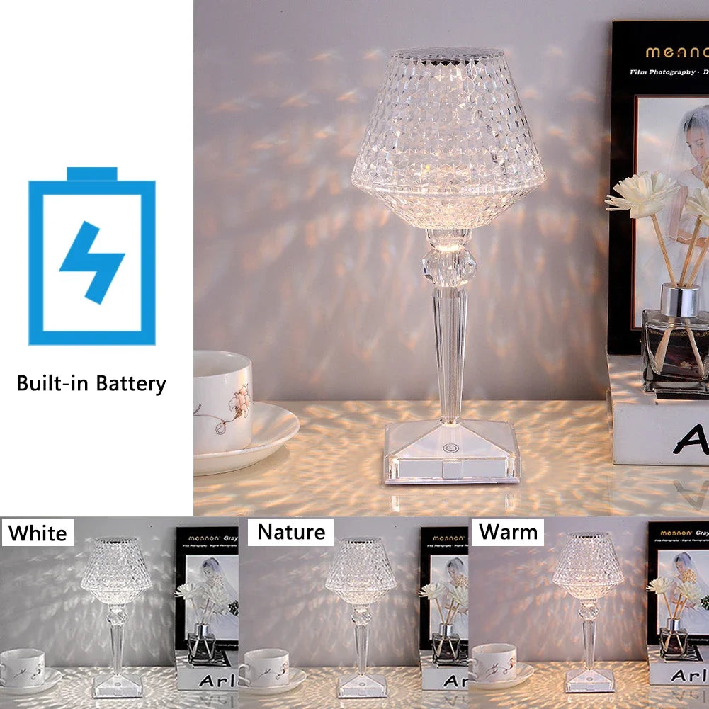 lampe poser led rechargeable transparente diamantée moderne interrupteur tactile