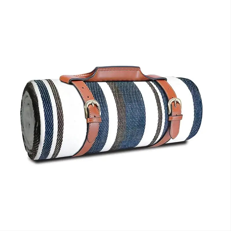 couverture pique nique bleu marine rayures horizontales ceintures marron imperméable pliable extérieure camping plage
