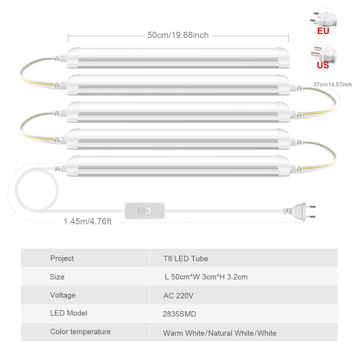 tubes led blancs modernes 25w 50cm lisses striés clips adaptateurs prise eu us