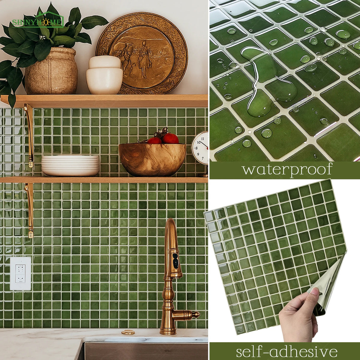 carreaux muraux auto adhésifs mosaïque carrée moderne marron foncé vert résistants eau pack 10