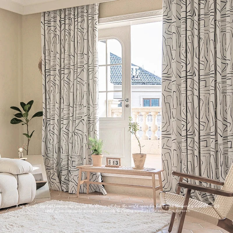 rideau moderne polyester crème noir motif linéaire salon opacité élevée minimaliste