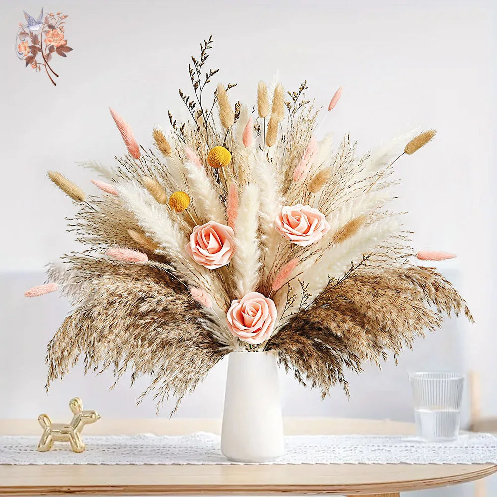 décoration boho bouquet fleurs séchées pampas roses artificielles anniversaire mariage