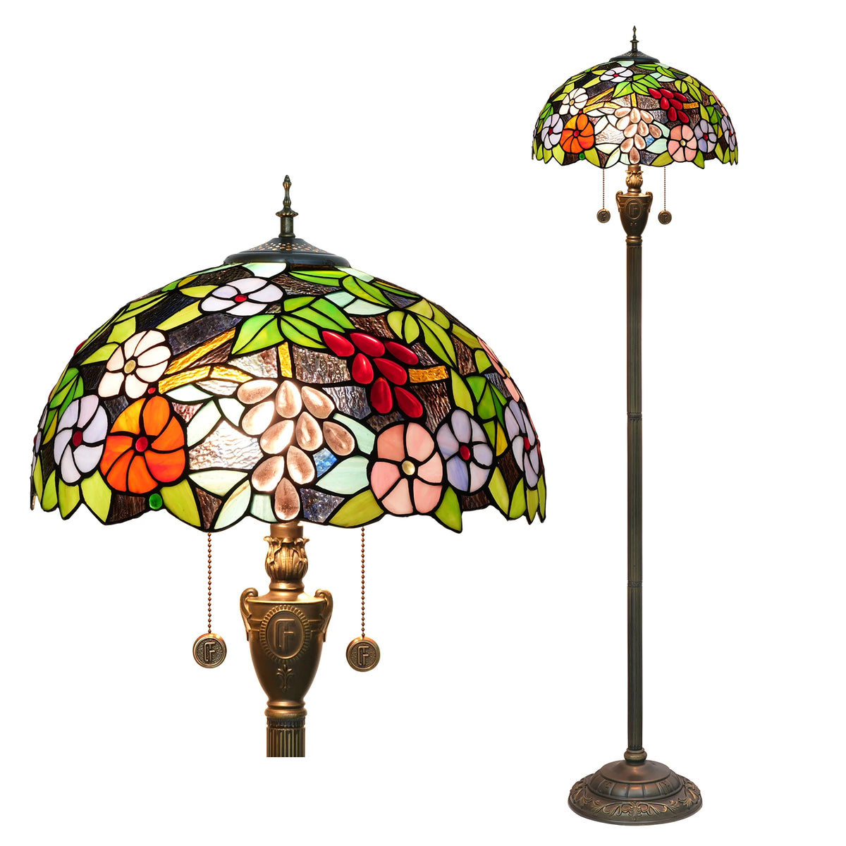 lampe sol tiffany multicolore art nouveau interrupteur pédale base résine hauteur 163cm