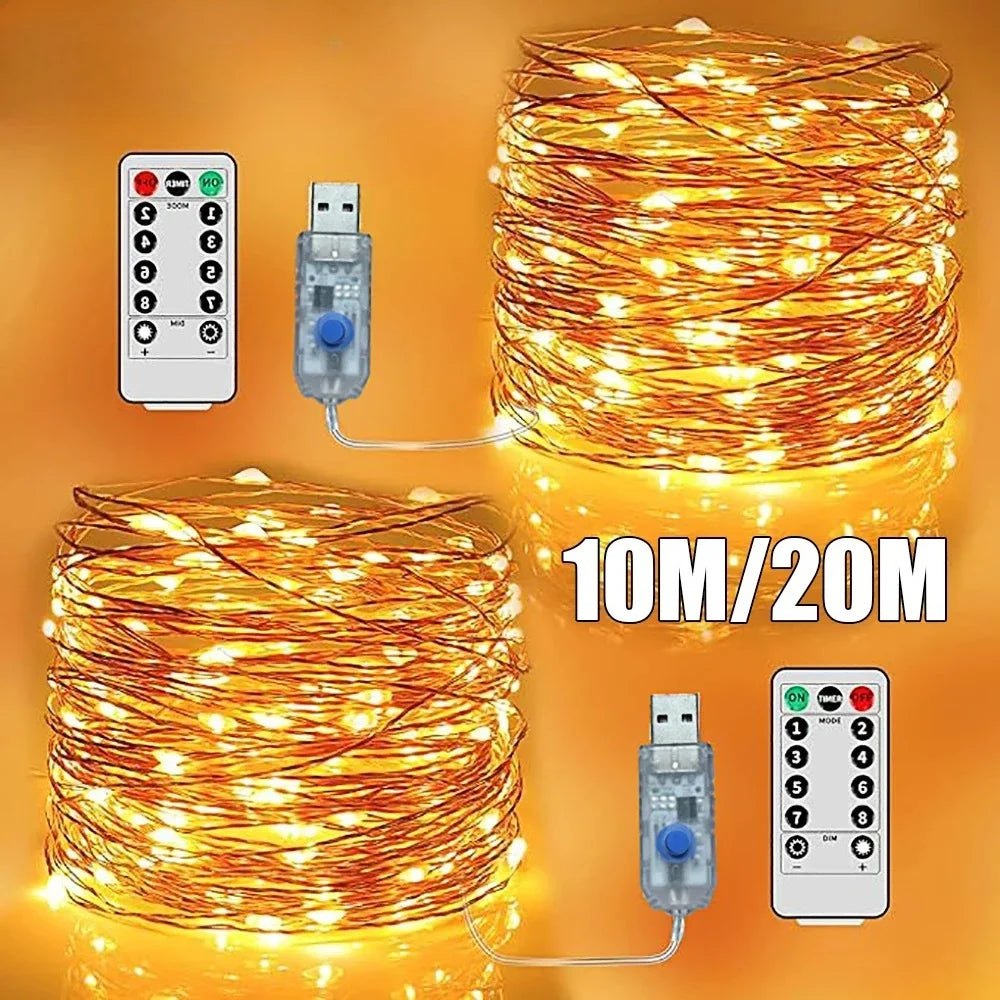 guirlande lumineuse led usb fil cuivre blanc chaud moderne étanche 10m 20m