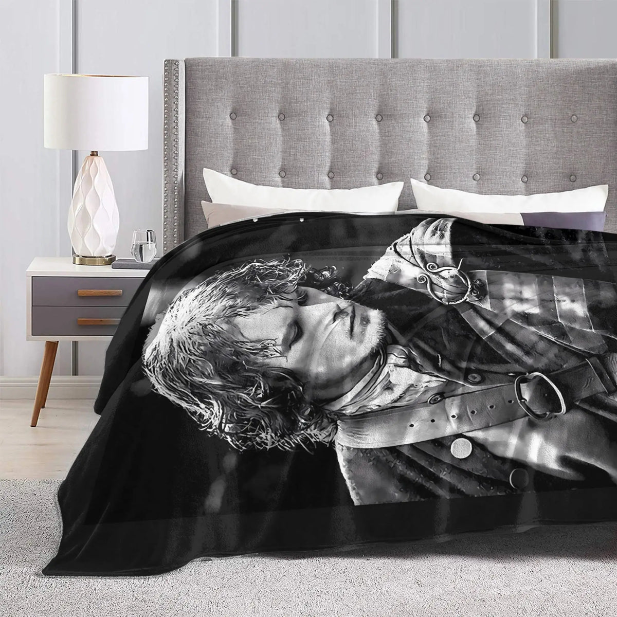couverture noire blanche personnages détails texturés polyester portable hiver utilisation voyage camping hospitalière moderne
