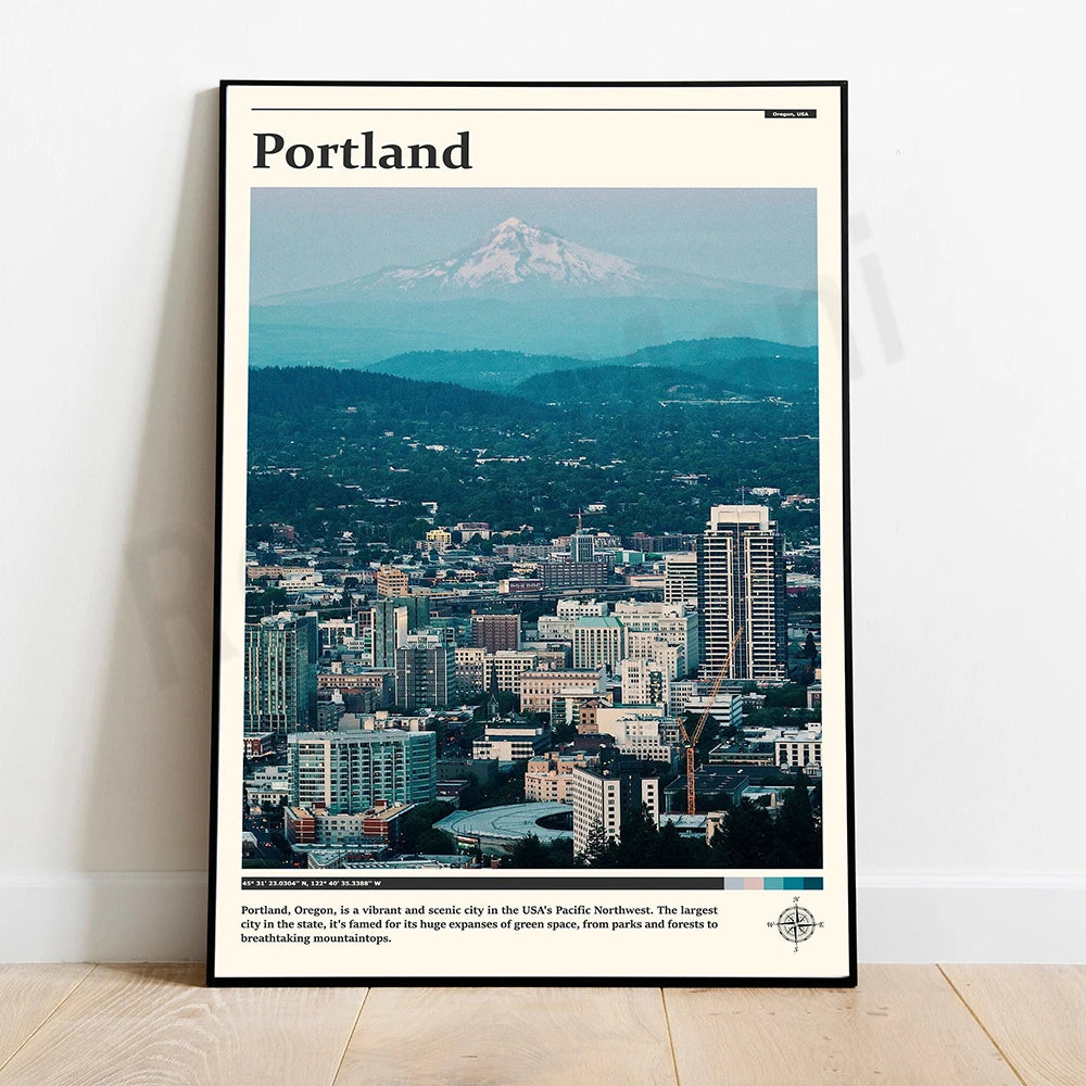 Cette image présente une vue panoramique de Portland, ville dynamique et pittoresque située dans l'État d'Oregon aux États-Unis. La ville est entourée de magnifiques paysages de montagnes, avec en toile de fond le majestueux mont Hood.