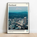 Cette image présente une vue panoramique de Portland, ville dynamique et pittoresque située dans l'État d'Oregon aux États-Unis. La ville est entourée de magnifiques paysages de montagnes, avec en toile de fond le majestueux mont Hood.