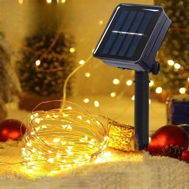 guirlande lumineuse solaire modes 100 led blanc chaud fil cuivre moderne patio jardin